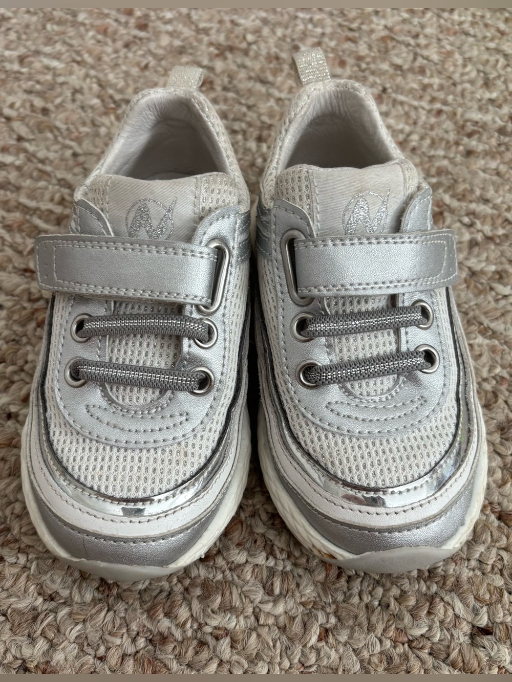 Naturino Silver Metallic Kids Sneakers with Hook-and-Loop Strap Size 7